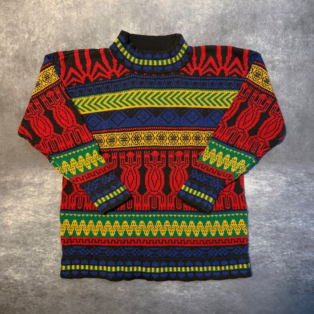 Vintage Contempo Casuals Tribal Aztec Gecko Sweater Large Ramie Cotton Mock Neck